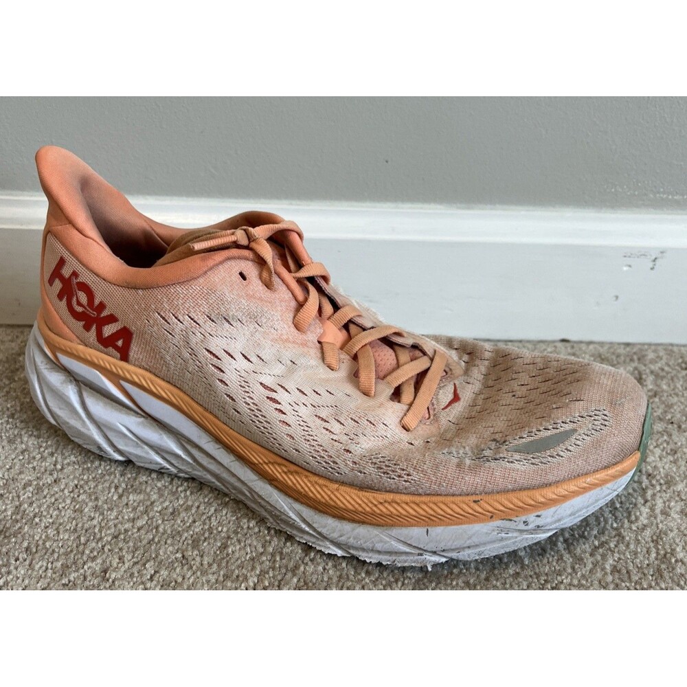 Hoka One One Clifton 8 Shoes Womens 10.5 B Orange White Running Chunky Athletic